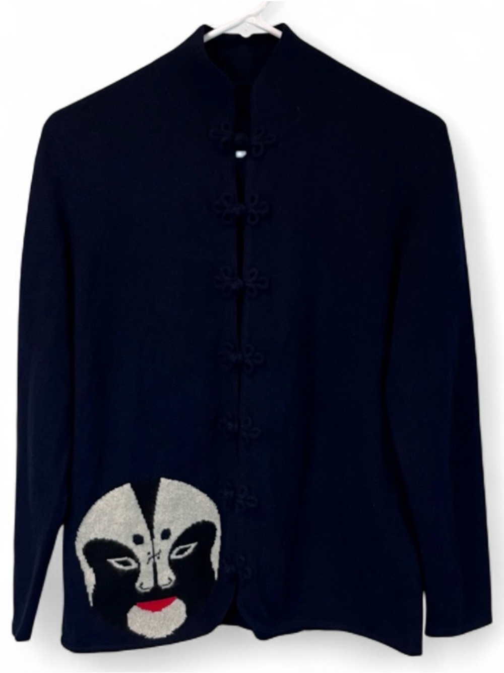 Unbranded 100% Cashmere Black Chinese Theatre Mask Long Sleeve Cardigan Sweater